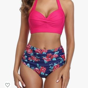 Tempt Me Women Two Piece Vintage Swimsuit Retro Halter Ruched High Waist Bikini